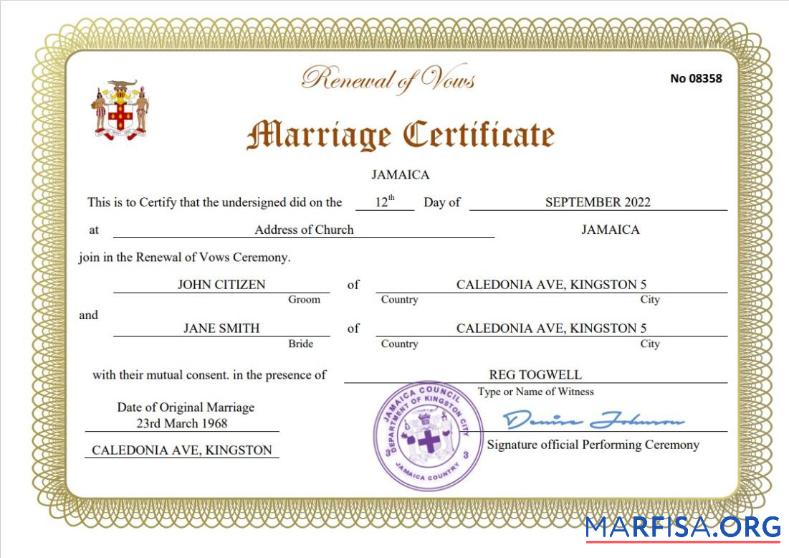Realistic Jamaica marriage certificate Word and PDF template